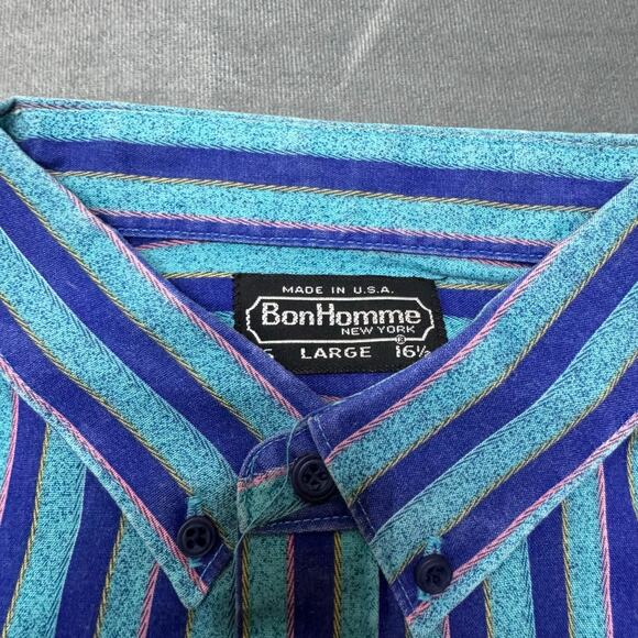 Vintage Bon Homme 80s/90s Striped Cotton Shirt Blue/Purple Button-Up Retro - Picture 3 of 5